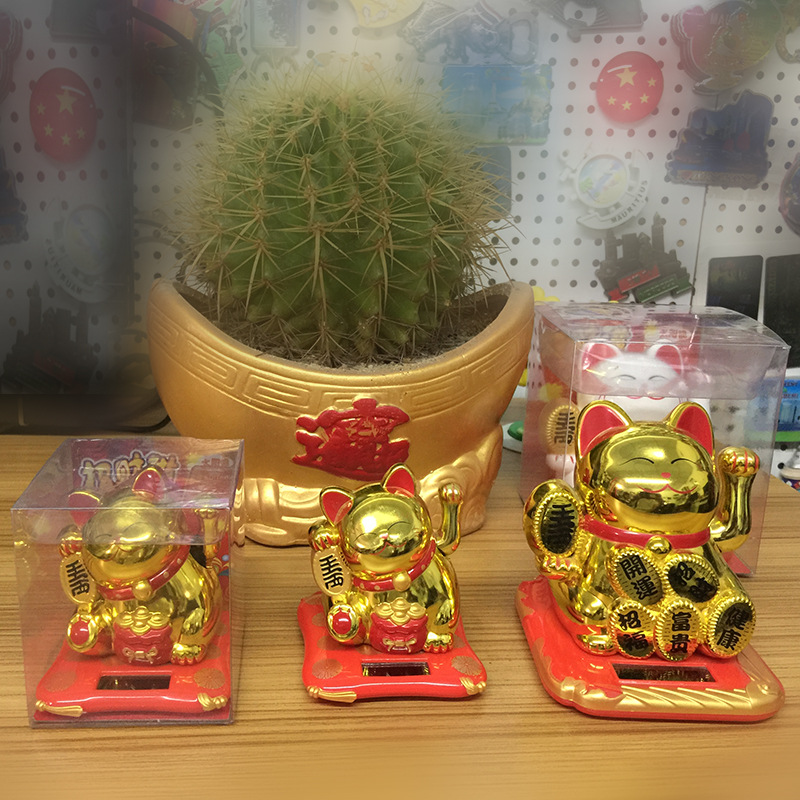 Solar Small Lucky Cat Ornament Mascot Waving Feng Shui Cat Creative Textured Car Ornament Gift