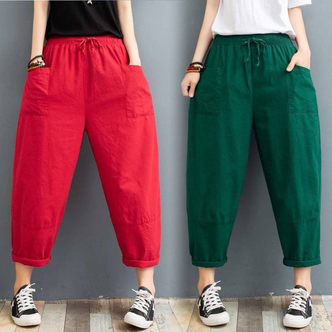 Nuevos pantalones de rábano de algodón y lino para mujer, pantalones finos de ramio de verano, pantalones sueltos de gran tamaño para mujer, pantalones harem casuales de ocho puntos image 3