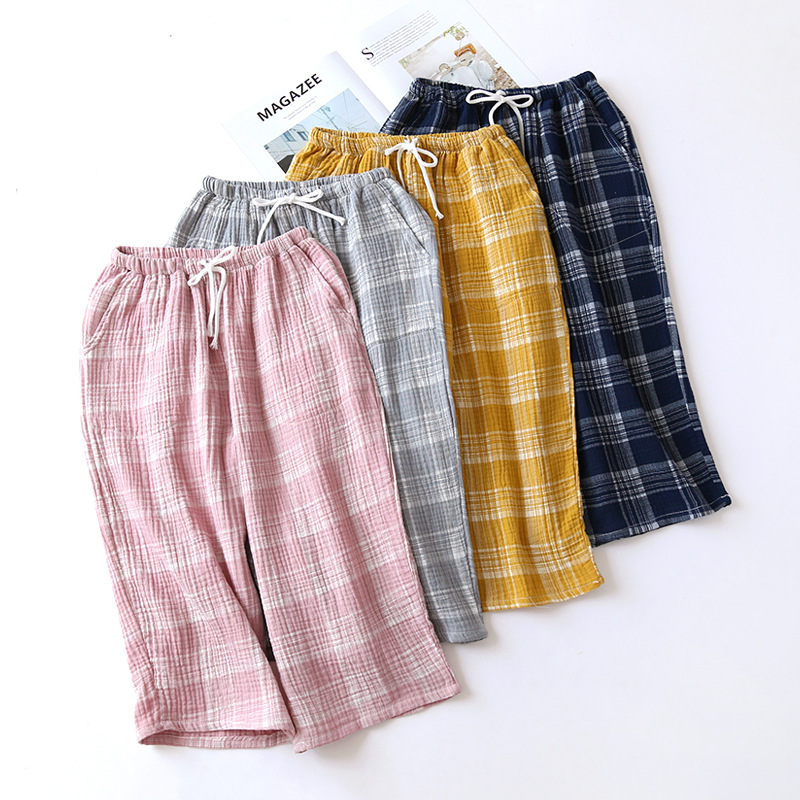 Women's Summer Pajama Pants, Plaid Cotton, Thin Washed Crepe Cotton Pants, Can Be Worn Outside, Home Wear, Lazy Style Women's Summer Pajama Pants, Plaid Cotton, Thin Washed Crepe Cotton Pants, Can Be Worn Outside, Home Wear, Lazy Style