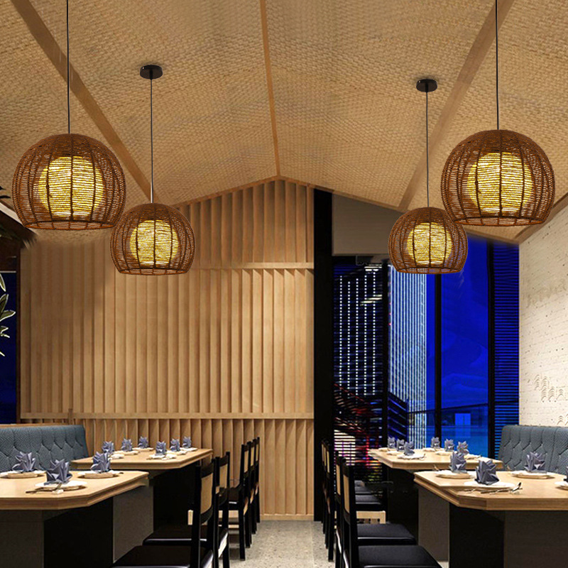 Lámpara de cuerda de cáñamo de estilo japonés tejida a mano lámpara de restaurante retro industrial personalidad creativa lámpara de restaurante bar redondo