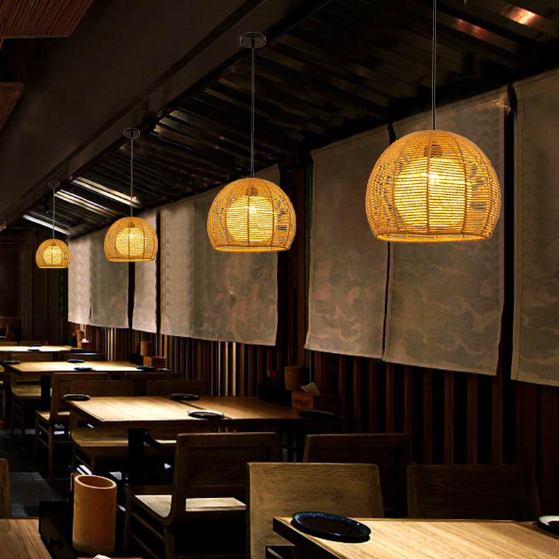 Lámpara de cuerda de cáñamo de estilo japonés tejida a mano lámpara de restaurante retro industrial personalidad creativa lámpara de restaurante bar redondo