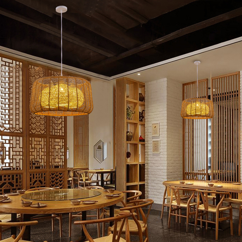Lámpara de cuerda de cáñamo de estilo japonés tejida a mano lámpara de restaurante retro industrial personalidad creativa lámpara de restaurante bar redondo