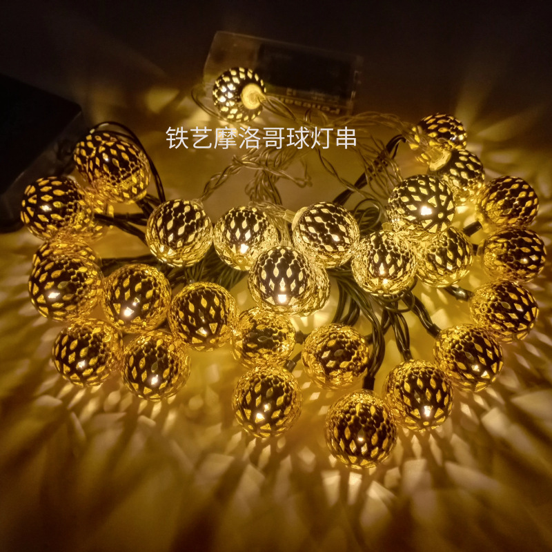 LED de hierro forjado Marruecos bola Cadena de luz caja de batería solar Cadena de luz intermitente color cadena creativa Navidad luz decorativa