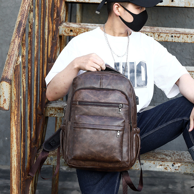 Backpack Backpack Men's K-Style Pu Leather Student Backpack Multi-Functional Waterproof Outdoor Computer Backpack