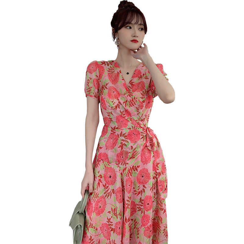 Đầm maxi nữ cổ V cao eo in họa tiết voan dài — Đỏ dưa hấu