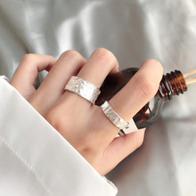时尚个性潮人几何纹理戒指女日韩风韩版素银指环学生开口戒指百搭