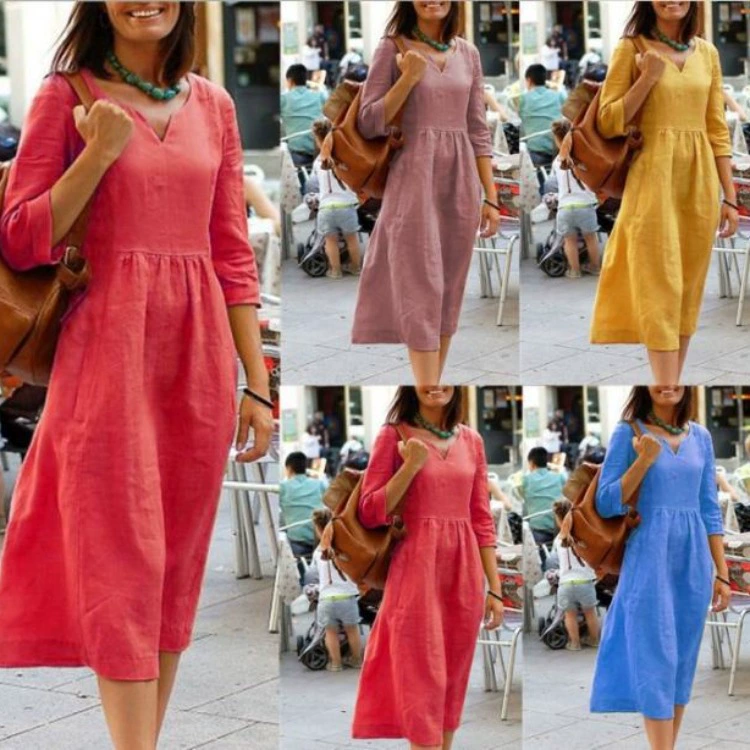 2023 трансграничный AliExpress Новый Плюс Размер Свободный хлопок лен V-образным вырезом рукав свободное платье боковая молния Женский