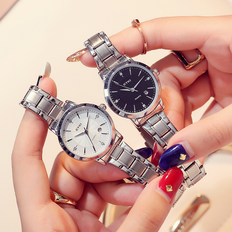 Aiqi Quartz Watch Fashion Couple New Korean Version Stainless Steel Business Calendar Men's Watch Diamond Women's Watch 2008