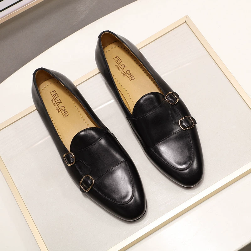 Мужские повседневные туфли Explosion Monk Strap с двумя пряжками и длинными носками из коровьей кожи. Мужские туфли Mengke Monk.