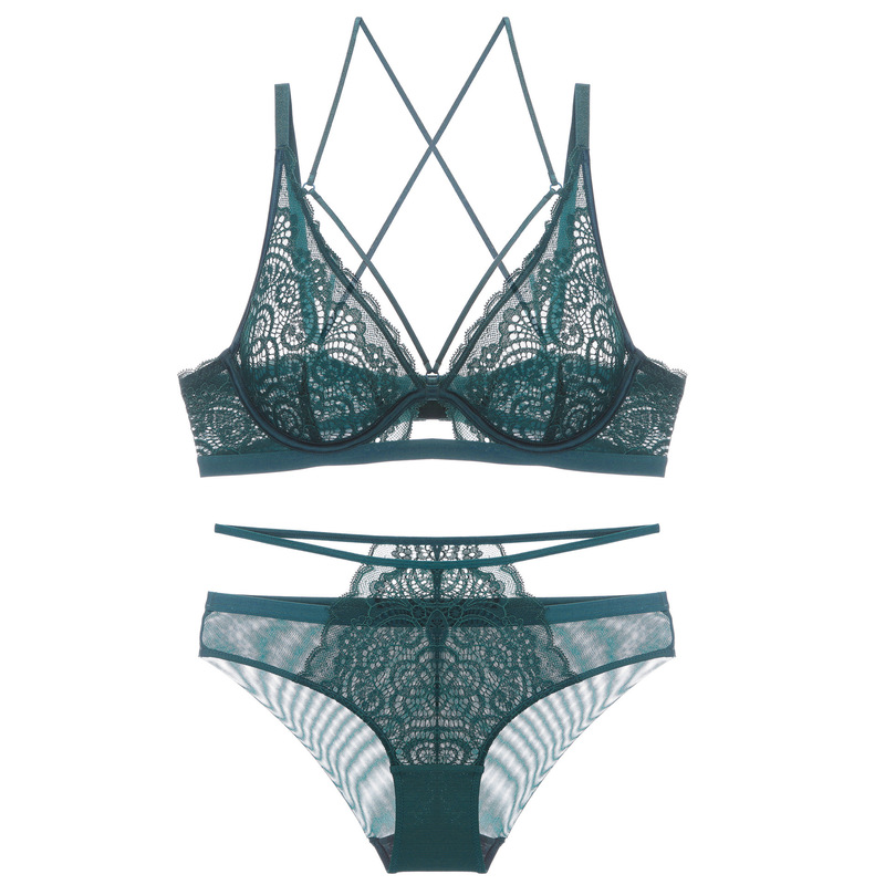 Clearance Sale French Underwear Sexy Ultra-thin Lace Bra Back Cross Beautiful Back Big Chest Shown Small Underwear suit