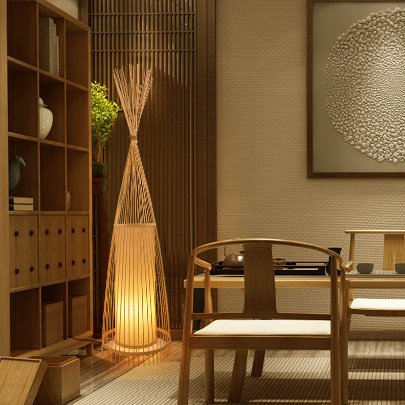 Estilo antiguo chino lámpara de pie de bambú tejido de estilo japonés sala de té sala de estar dormitorio bambú lámparas de arte simple estudio vertical lámpara de pasillo