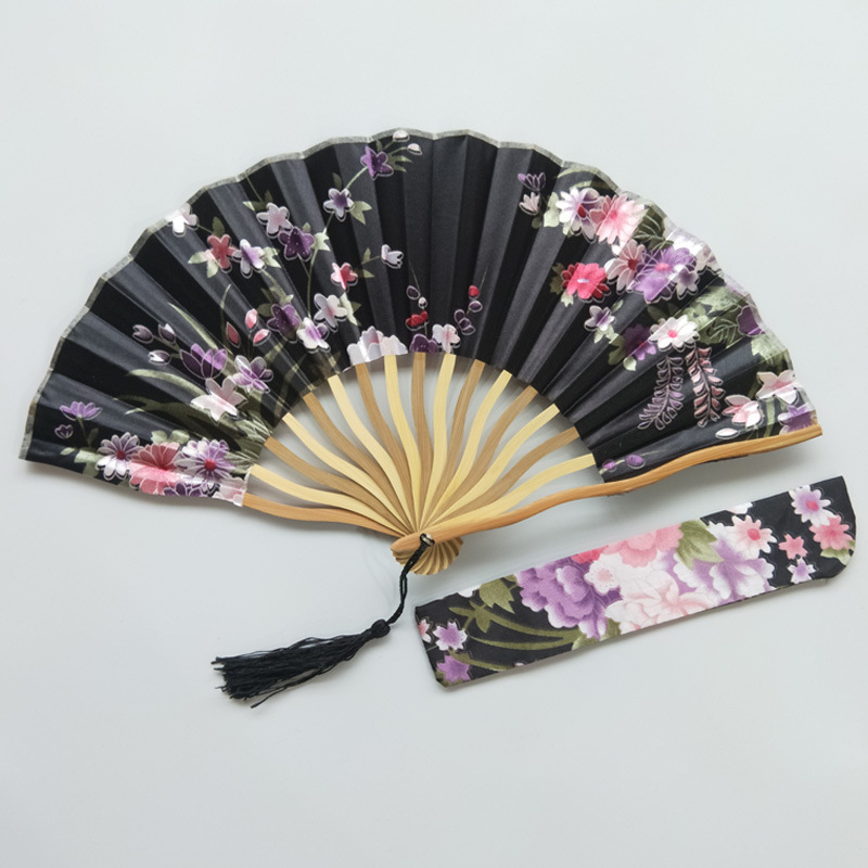 Transfronterizo de satén dragón ventilador más bolsa de ventilador S ventilador de hueso blanco cheongsam rendimiento dama ventilador 15 colores opcionales