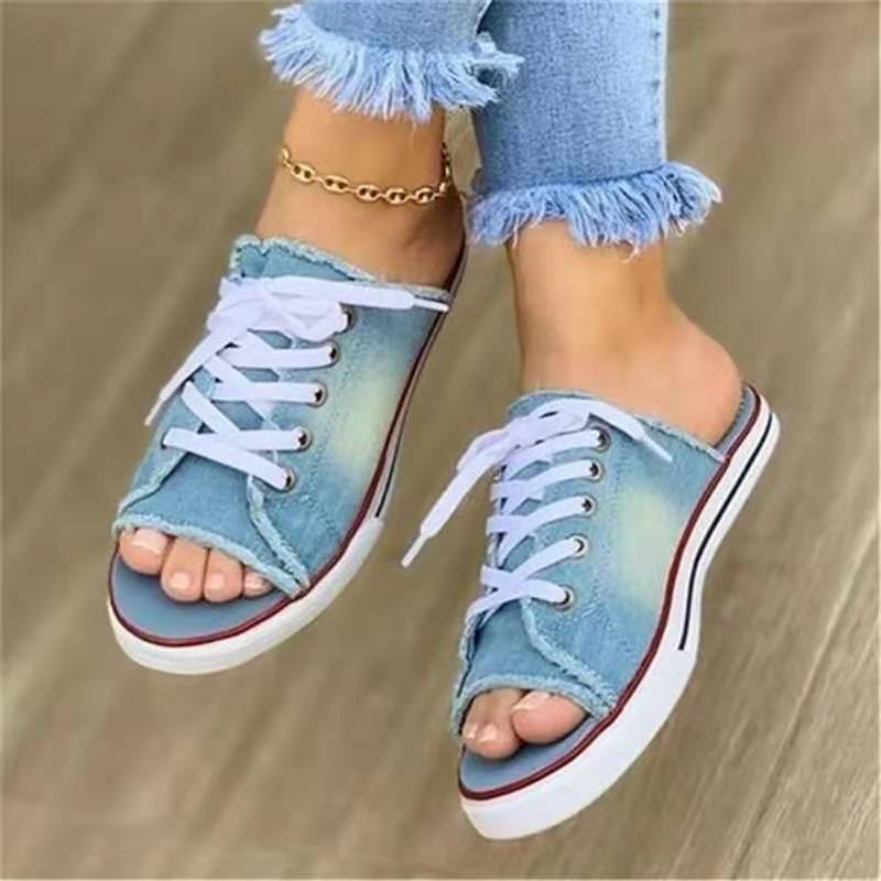 Wish Amazon 2020 Summer Popular Fish Mouth Denim Canvas Lace-Up Casual Flats Women's Sandals and Slippers Size 43