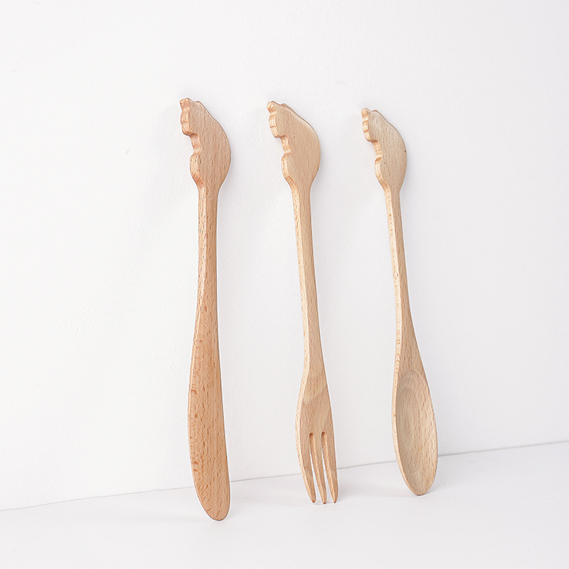 Venta directa de fábrica haya japonés creativo para niños bebé gato lindo dibujos animados cuchara de madera cuchillo tenedor juego de cuchara