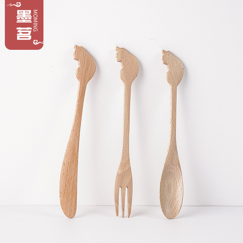 Venta directa de fábrica haya japonés creativo para niños bebé gato lindo dibujos animados cuchara de madera cuchillo tenedor juego de cuchara