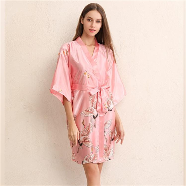 Crane Print Robe, Loose Bathrobe, Home Wear, Faux Silk Pajamas, Bridesmaid Dress, Wholesale, Can Be Worn Outside, Light Luxury