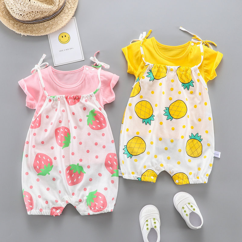 Children's Summer Half-Sleeve Two-Piece Suit 0-1-2 Years Old Girls' Baby Sling Jumpsuit Stylist T-shirt Infant Climbing Suit