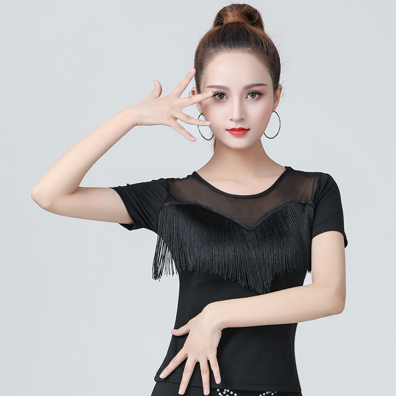 New Adult Modern Dance Top Women Latin Dance Sexy Ballroom Dance Costume Tassel Mesh Practice Clothes