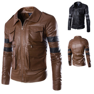 Perennial big goods men's short leather fashion handsome stand collar Pocket Color men's coat Y013