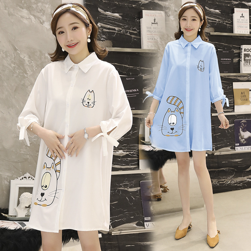 Pregnant Women's Shirt Loose Trendy Mom Korean-style Large Top Cat Print Shirt Dress Pregnant Women's Shirt Loose Trendy Mom Korean-style Large Top Cat Print Shirt Dress
