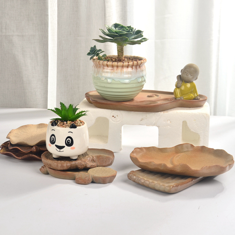 Water Leak-proof Stoneware Rectangular Fleshy Flower Pot Tray Lotus Leaf Base Leak-proof Soil Natural Heavy Bamboo Round Base