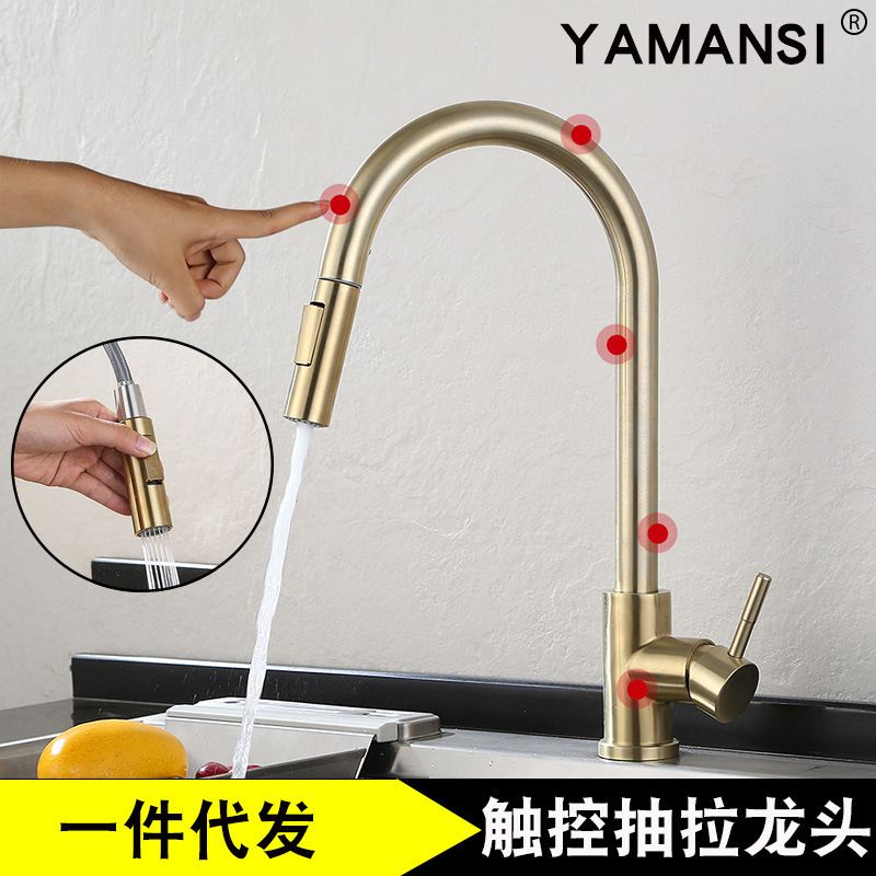 Kitchen Touch Sensor Stainless Steel Faucet Dish Basin Sensor Pull-Out Rotating Household Kitchen Hot and Cold Faucet