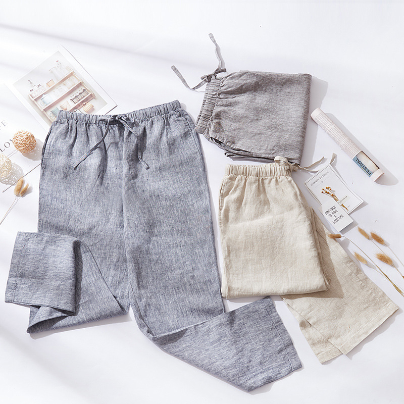 2026 Summer Men's Pure Linen Pajama Pants Loose Washed Linen Long Pants Can Be Worn Outside Casual Drawstring Pants