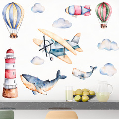 廠家跨境新款牆貼水彩飛機和鯊魚兒童房幼兒園牆壁PVC壁紙 KS6762