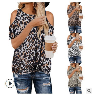 2020 New Amazon Wish Hot Style European and American Cross-Border Women's Leopard Print Camouflage Twist Off-Shoulder Short-Sleeved T-Shirt for Women 2020 New Amazon Wish Hot Style European and American Cross-Border Women's Leopard Print Camouflage Twist Off-Shoulder Short-Sleeved T-Shirt for Women
