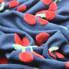 服装童装针织纬编天鹅绒面料麻灰蝴蝶红樱桃全棉色织提花天鹅绒布