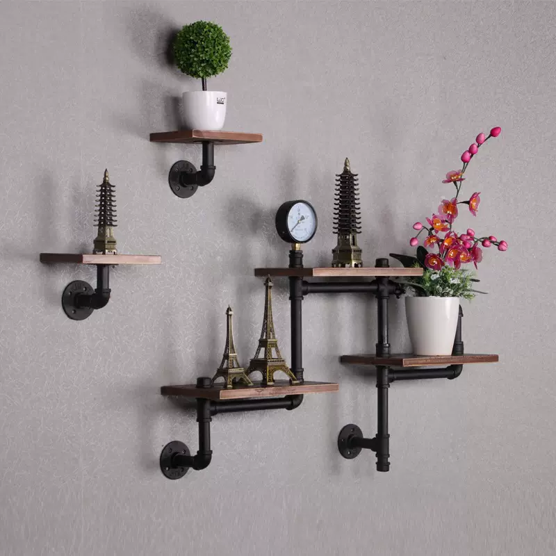 美式铁艺水管墙上置物架 loft复古餐厅实木隔板 壁挂展示置物壁架