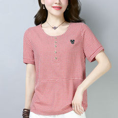 ママチェック柄 Tシャツ女性の夏服半袖 2025 新しい韓国スタイルルーズ大きいサイズ綿底シャツトップ