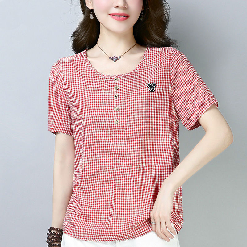 Mom's Plaid T-Shirt Women's Summer Short-Sleeved 2026 New Korean Style Loose Large Size Cotton Bottoming Shirt Top