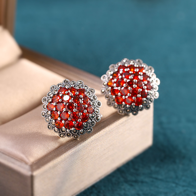 人品银品S925银饰品批发复古个性马赛克镶嵌黑玛瑙女士耳扣