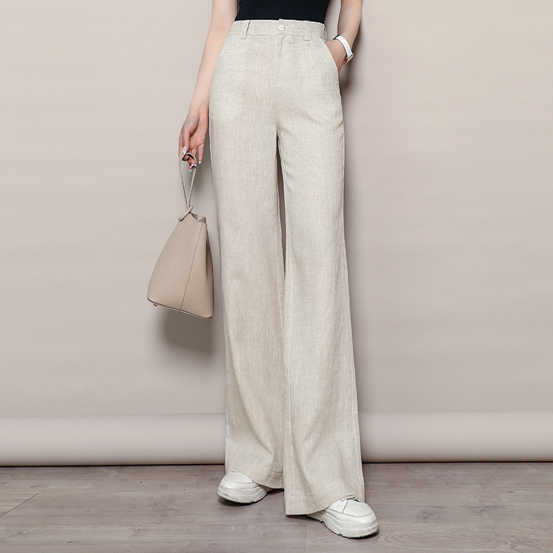 100% Linen Wide-Leg Pants for Women, Summer Thin Loose Casual Pants, High-Waisted Straight Long Pants, Cotton-Linen Old Money Style Pants