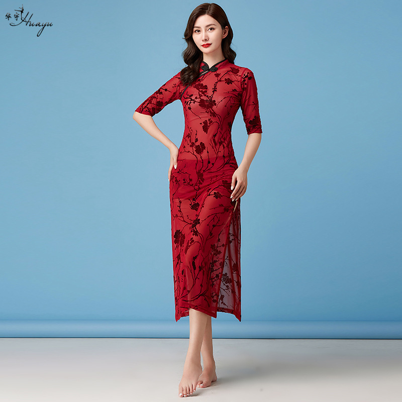 Huayu dance modern dance cheongsam gauze dress Chinese style slim vintage mesh printing belly dancer Huayu dance modern dance cheongsam gauze dress Chinese style slim vintage mesh printing belly dancer