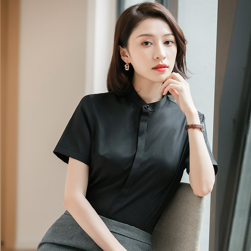 Promotional Stand-Up Collar Women's Short-Sleeved Shirt Solid Color Slim Workwear Anti-Exposure Professional Top Versatile Short-Sleeved Shirt Lining