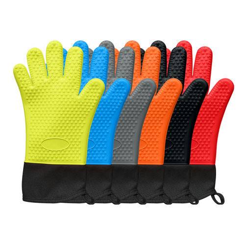 Silicone heat-insulating gloves long oven anti-scalding gloves baking cotton thickened silicone heat-insulating gloves wholesale