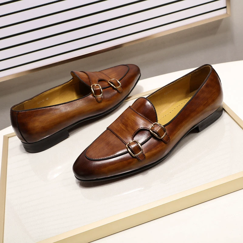 Мужские повседневные туфли Explosion Monk Strap с двумя пряжками и длинными носками из коровьей кожи. Мужские туфли Mengke Monk.