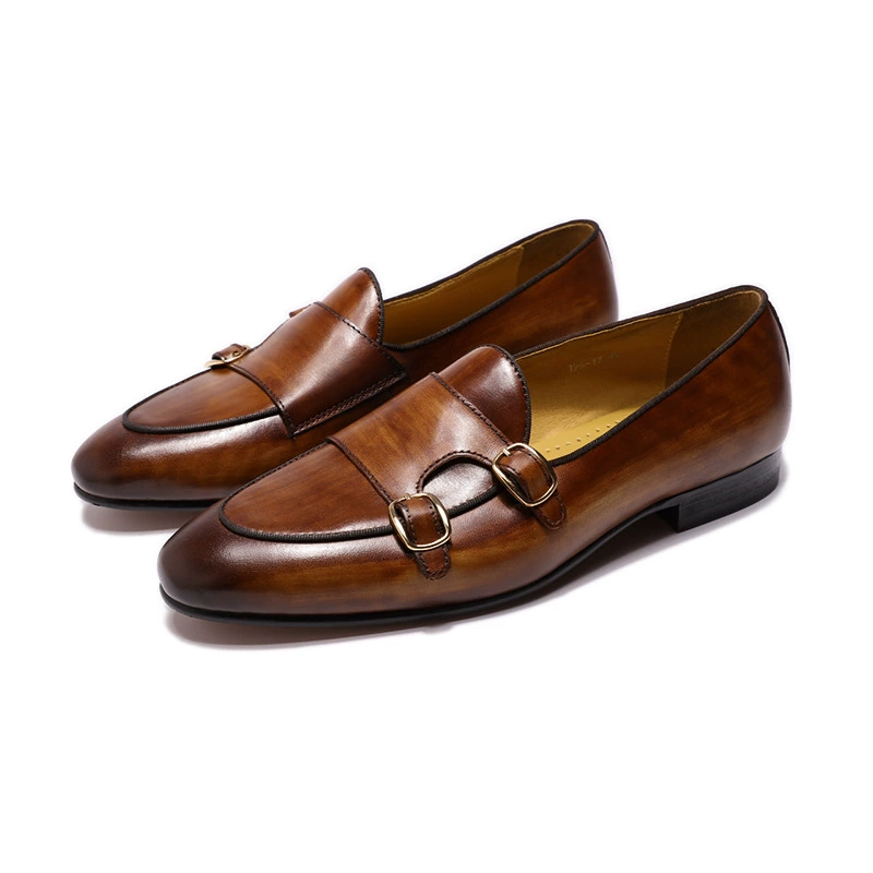 Мужские повседневные туфли Explosion Monk Strap с двумя пряжками и длинными носками из коровьей кожи. Мужские туфли Mengke Monk.