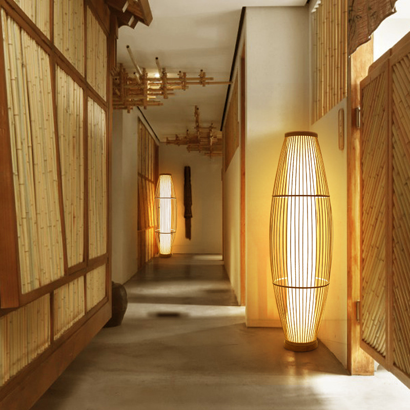 Estilo antiguo chino lámpara de pie de bambú tejido de estilo japonés sala de té sala de estar dormitorio bambú lámparas de arte simple estudio vertical lámpara de pasillo