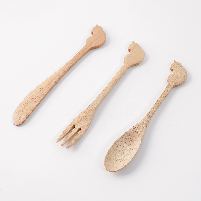 Venta directa de fábrica haya japonés creativo para niños bebé gato lindo dibujos animados cuchara de madera cuchillo tenedor juego de cuchara