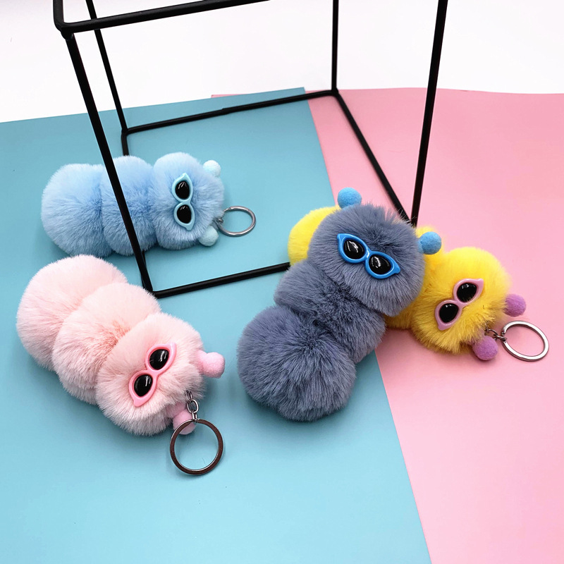 New Cute Caterpillar Keychain Cute Candy Color Cartoon Plush Bag Pendant Car Key Chain Accessories