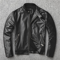 トップ層牛革機関車服皮衣男性修身綿羊皮真皮革ジャケットショート立襟皮コート