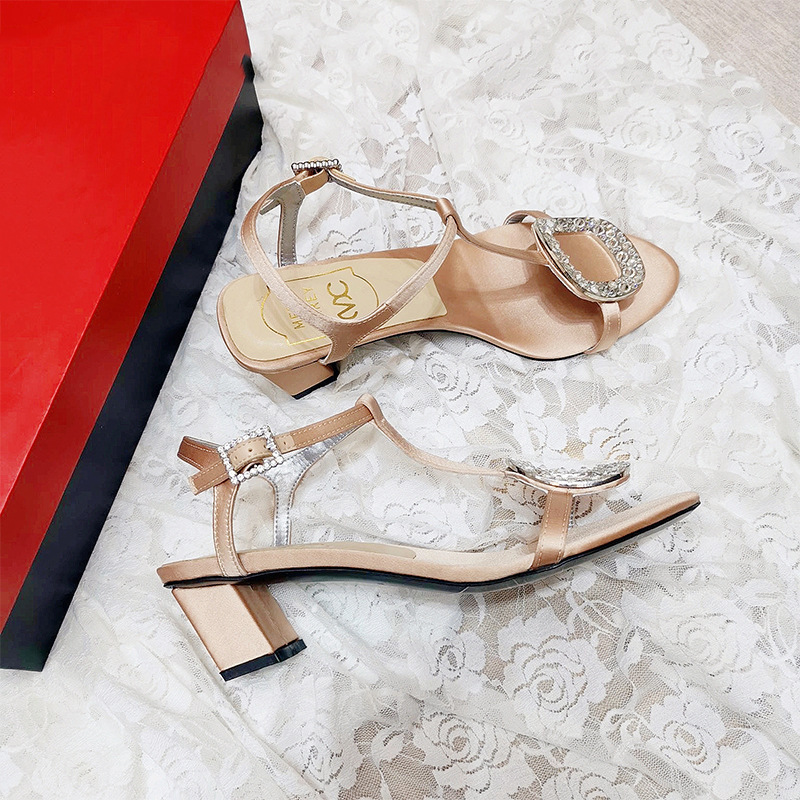 Factory Direct Sales Square Buckle Sandals Rhinestone Medium Heel Thick Heel Black Silks and Satins Open Toe Strap High Heel Women's Shoes