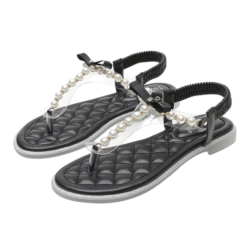 Dép sandal nữ quai ngang đính ngọc trai và đá lấp lánh, đế bệt mũi tròn — Màu mơ, Màu đen