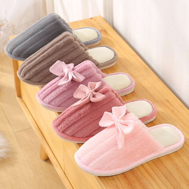Autumn and winter cotton slippers home indoor shoes thickened floor non-slip bow Mao Mao couple cotton slippers special Wholesale