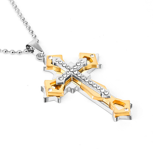 New Japanese and Korean Fashion Student Couple Trend Brand Men and Women Diamond-Studded Cross Necklace with Silver and Gold Color Personality Multi-Layer Chain