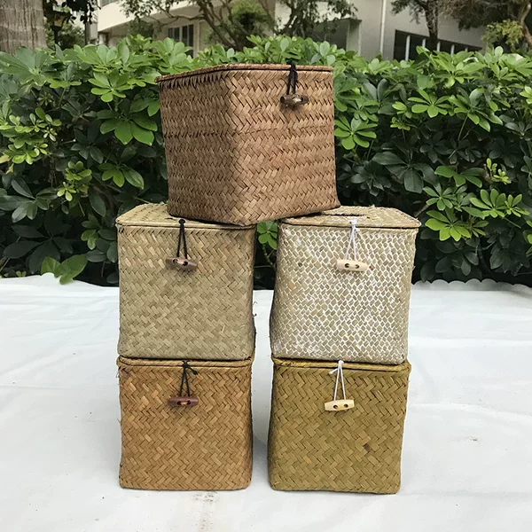 Natural Seaweed Woven Tissue Box Collection Creative Straw Woven Removable Car Napkin Box Roll Paper Box