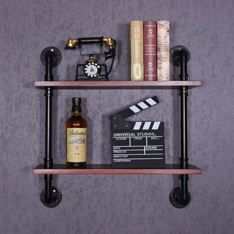 美式铁艺水管壁挂置物架餐厅咖啡厅复古实木隔板家用装饰置物壁架